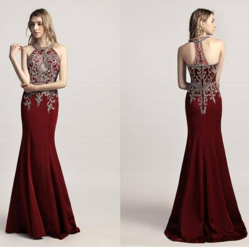 Judy&Julia Long Party Prom Dress Burgundy/Gold